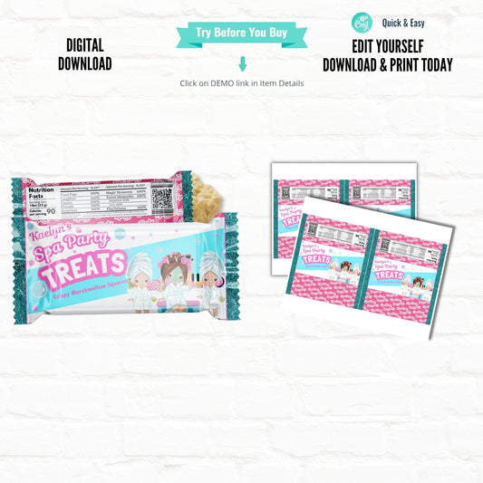 Spa Party Customizable Krispy Treat Wrappers|Printable File 02