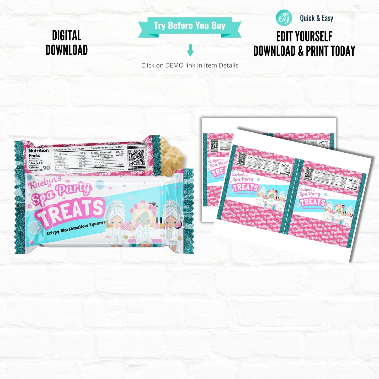 Spa Party Customizable Krispy Treat Wrappers|Printable File