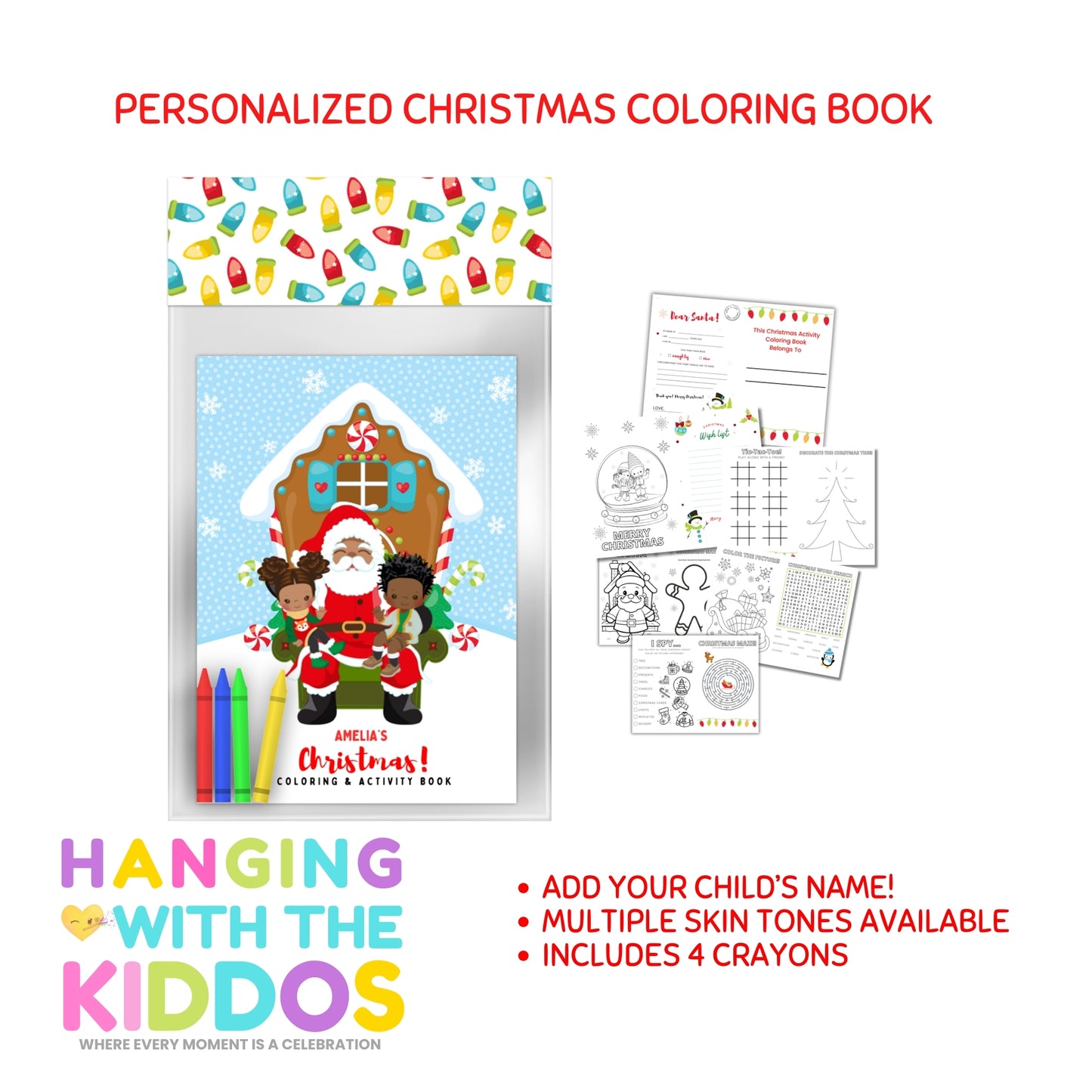 Personalized Christmas Coloring Book with Activities & Crayons