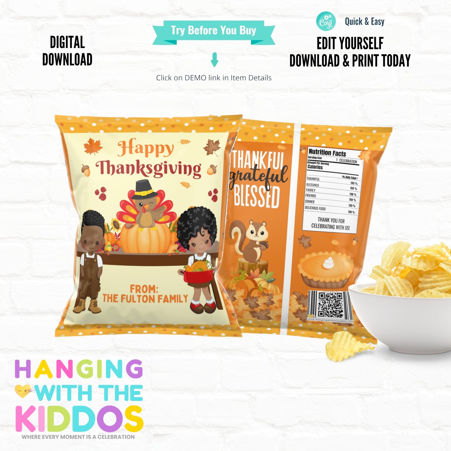 Thanksgiving Chip Bag Template - Editable & Printable Favor