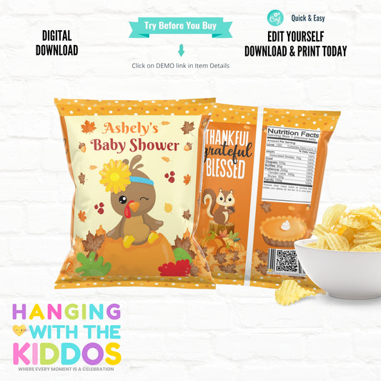 Thanksgiving Baby Shower Chip Bag Template - Editable Party Favor