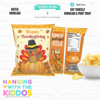 Thanksgiving Chip Bag Template - Editable & Printable Party Favor