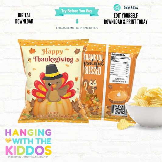 Thanksgiving Chip Bag Template - Editable & Printable Party Favor