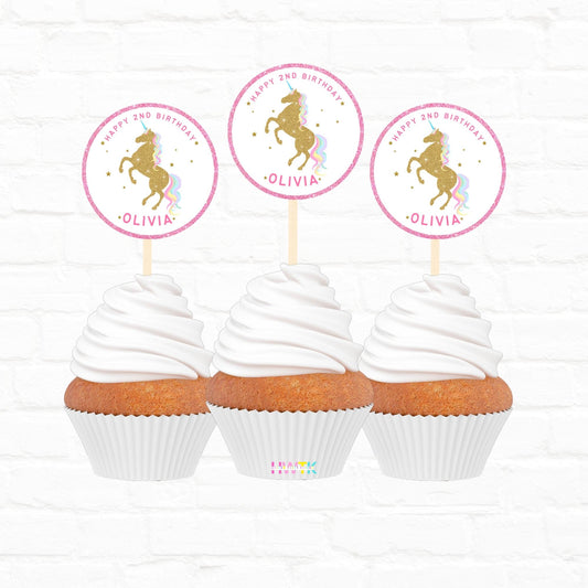 Unicorn Party Personalized Cupcake Toppers 12pc