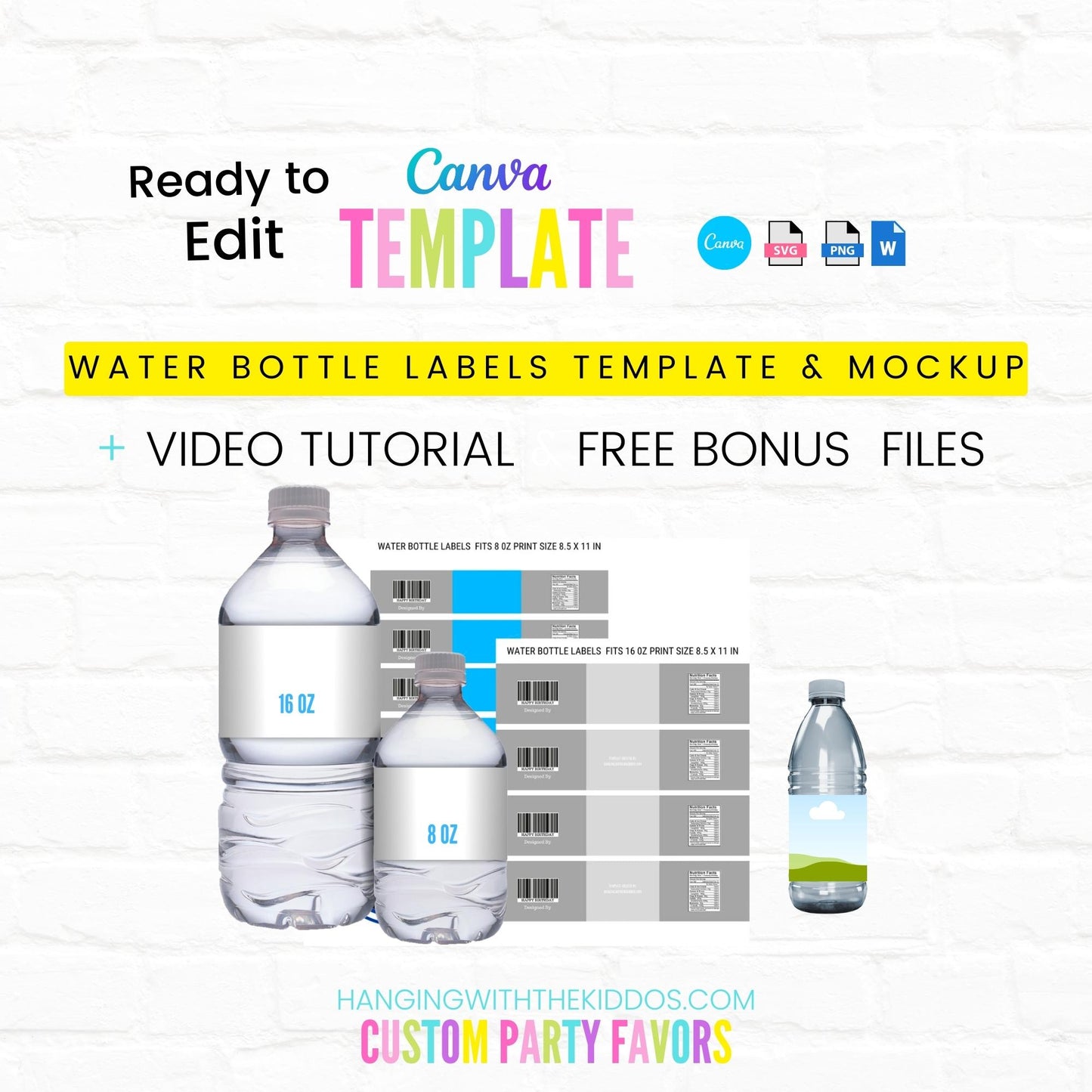 Water Bottle Label Template| Blank Water Bottle Wrappers Template| Canva Editable Template| 16 0Z & 8 OZ