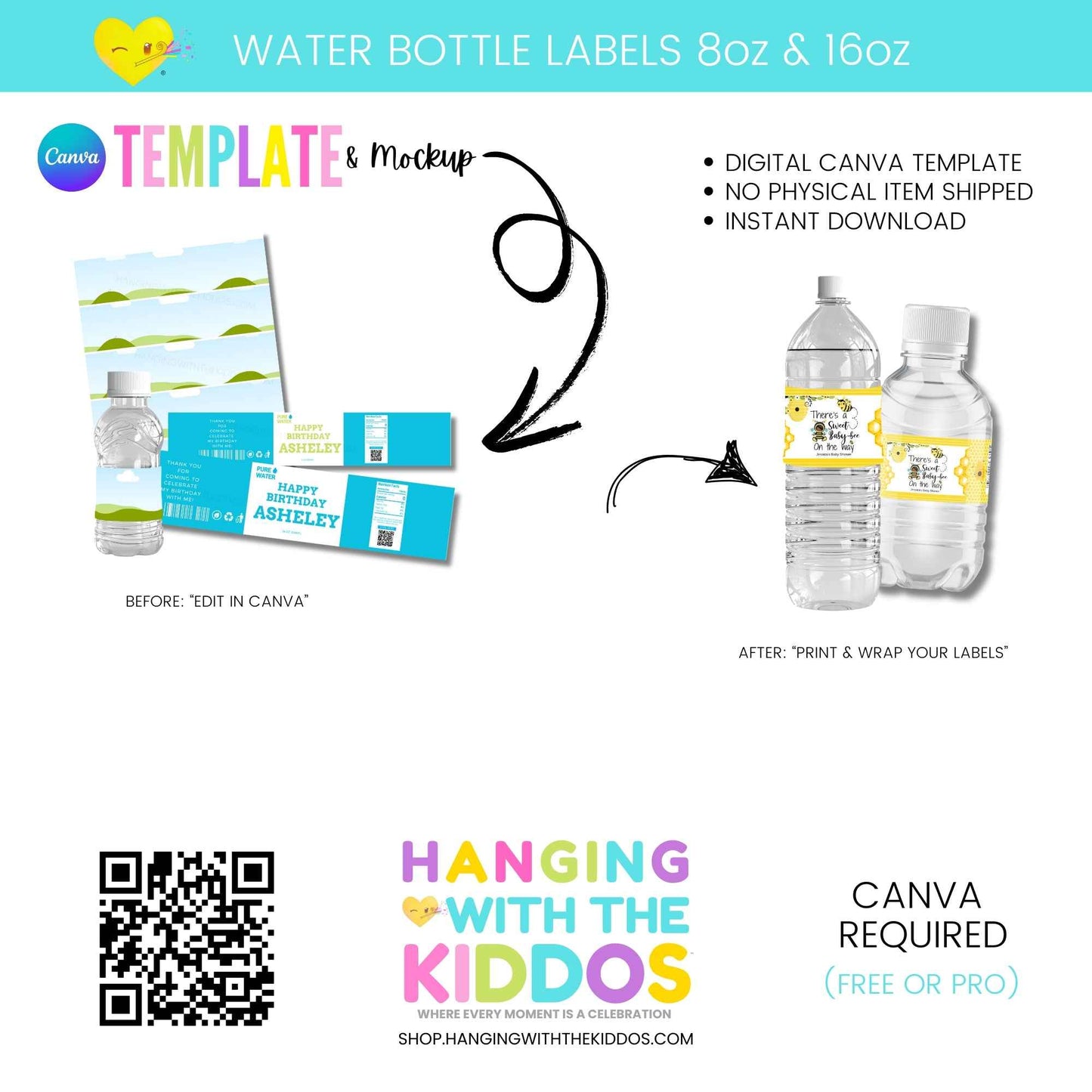 Custom Water Bottle Labels - Canva Template & Mockup 8 oz|16 oz