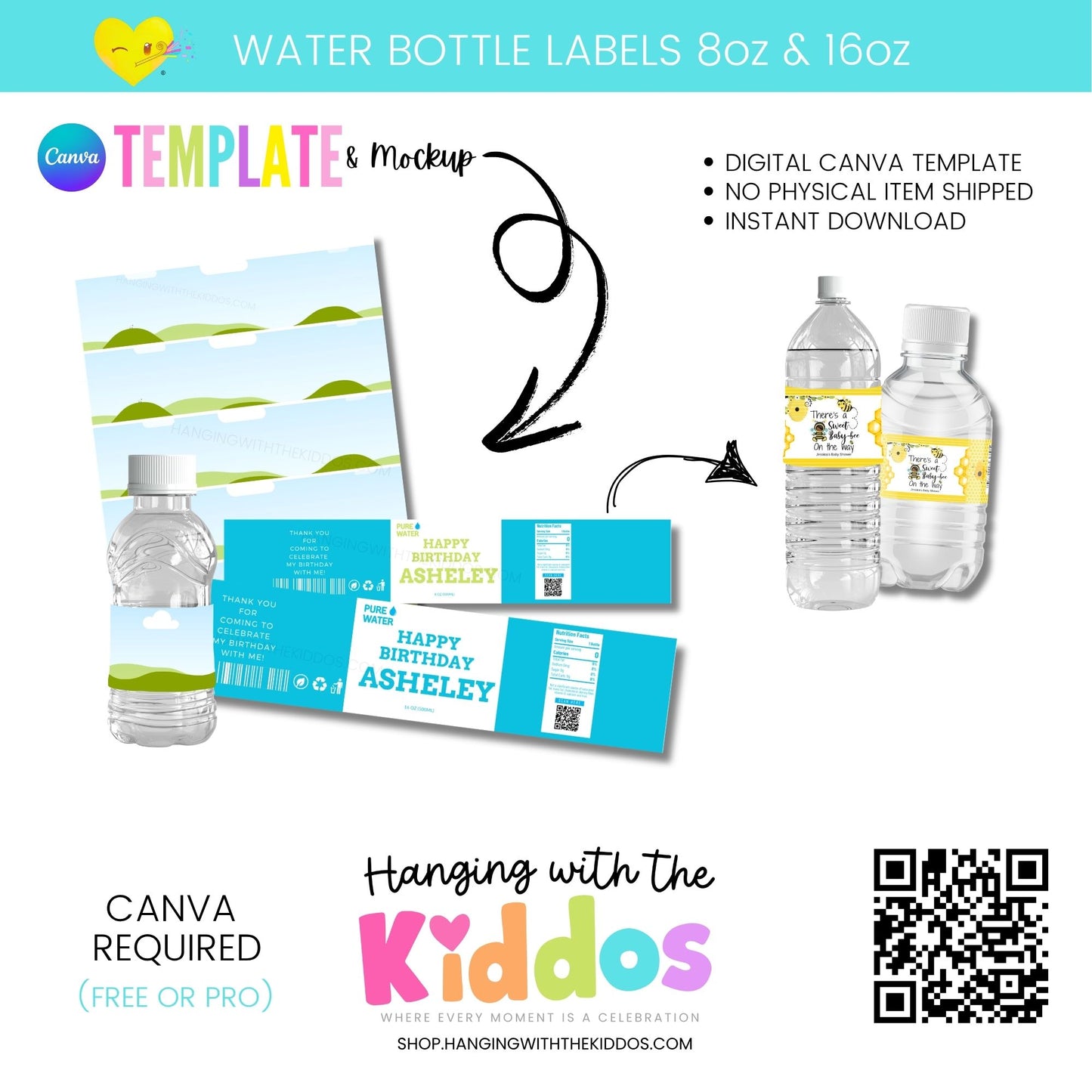 Custom Water Bottle Labels - Canva Template & Mockup 8 oz|16 oz