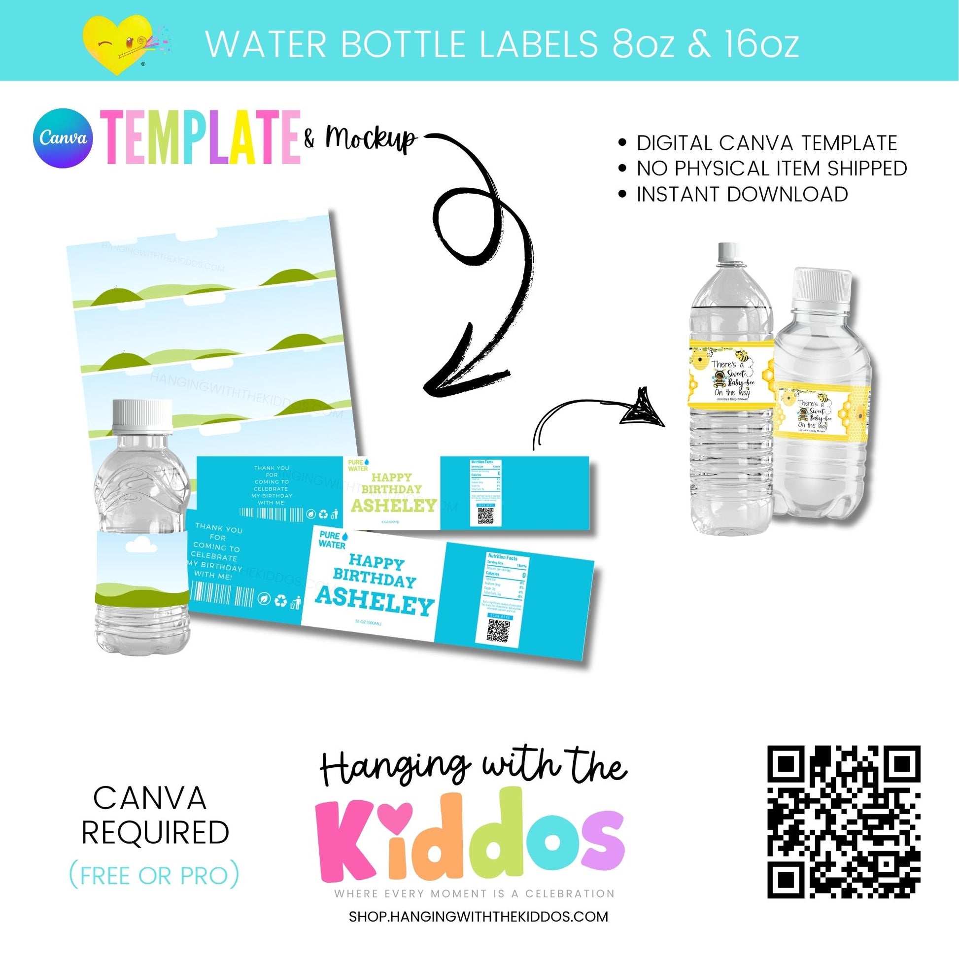 Custom Water Bottle Labels - Canva Template & Mockup 8 oz|16 oz
