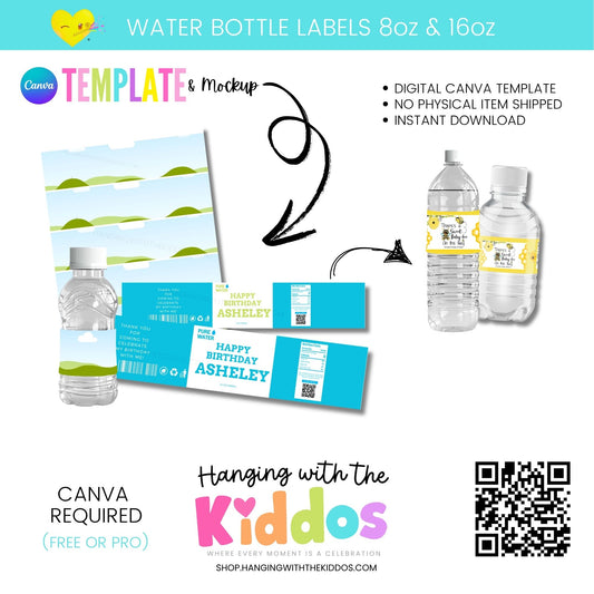 Custom Water Bottle Labels - Canva Template & Mockup 8 oz|16 oz