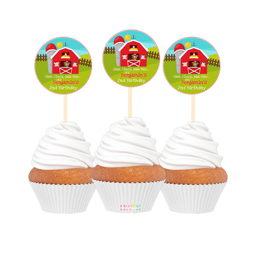 Barnyard Farm Birthday Personalized 2” round Cupcake Toppers 12pc