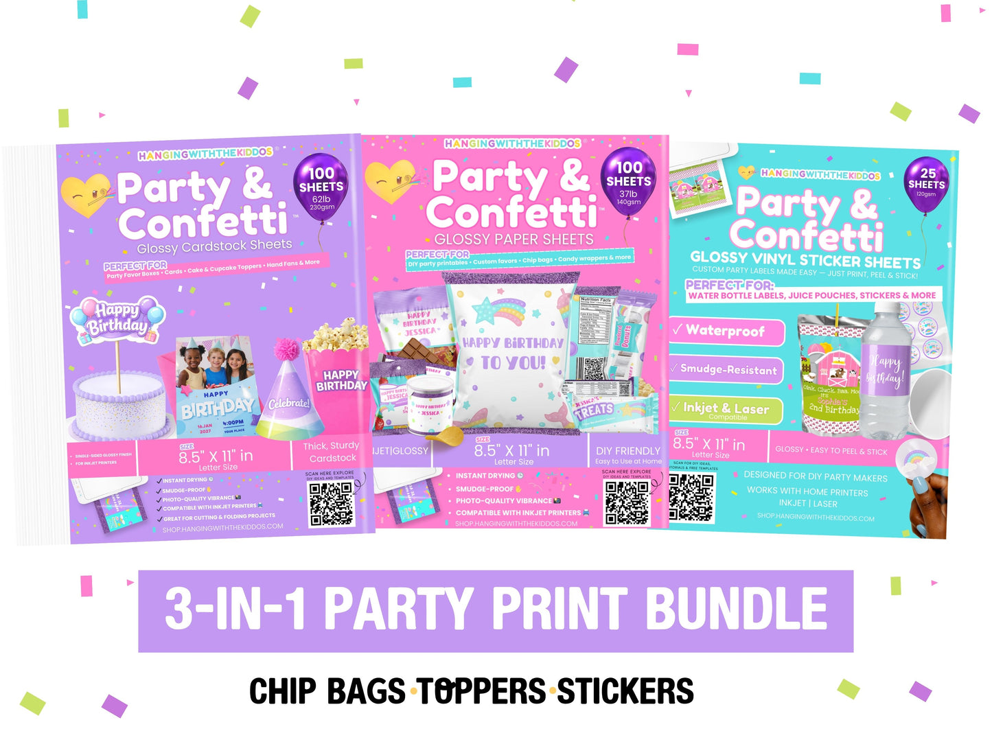 Party Favor Printing Starter Kit (3 Pack) – Glossy Paper + Printable Vinyl + Glossy Cardstock, 8.5x11