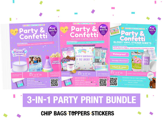 Party Favor Printing Starter Kit (3 Pack) – Glossy Paper + Printable Vinyl + Glossy Cardstock, 8.5x11