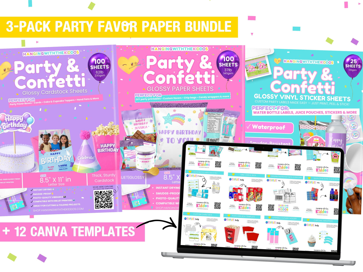 Party Favor Printing Ultimate Starter Kit (Paper + 12 Canva Templates)