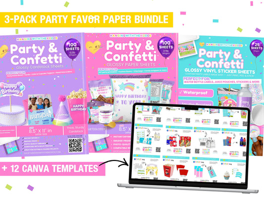 Party Favor Printing Ultimate Starter Kit (Paper + 12 Canva Templates)