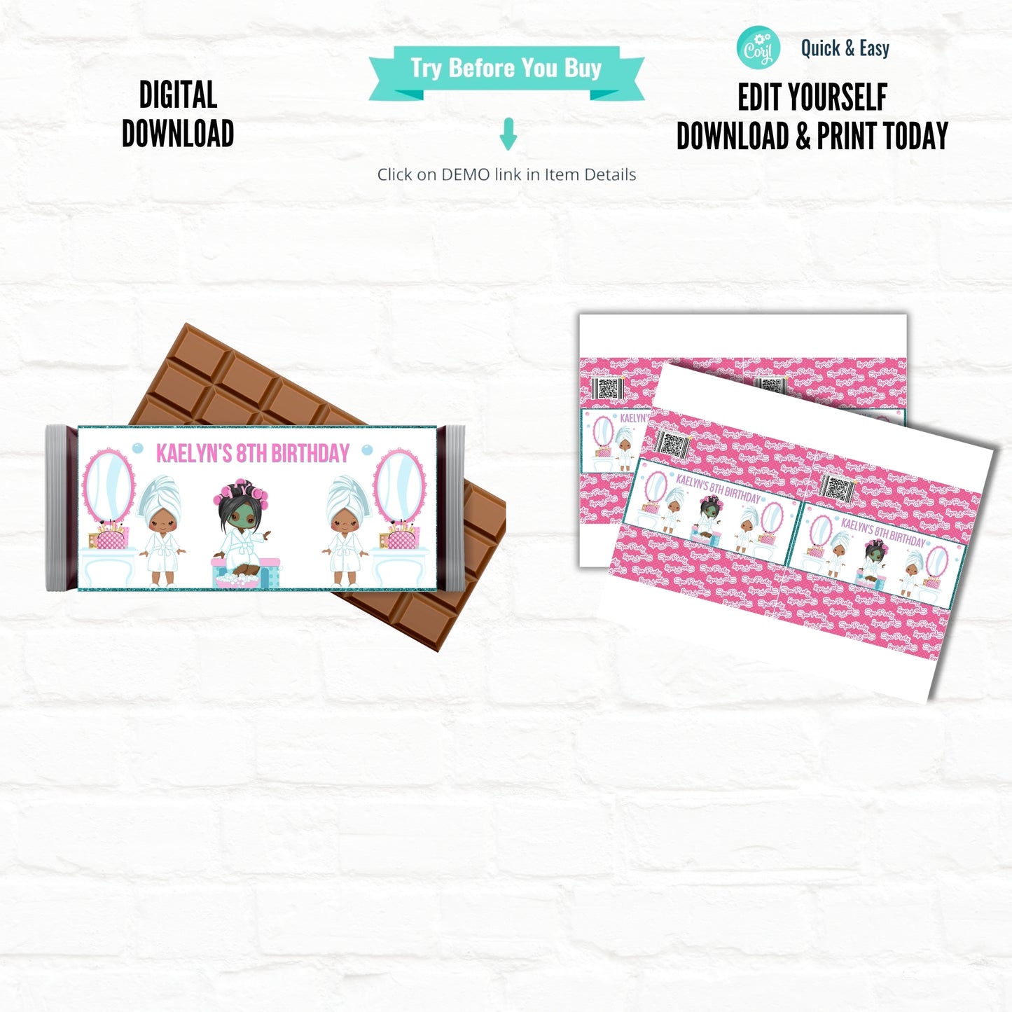 Spa Party Customizable Candy Bar Wrappers|Printable File