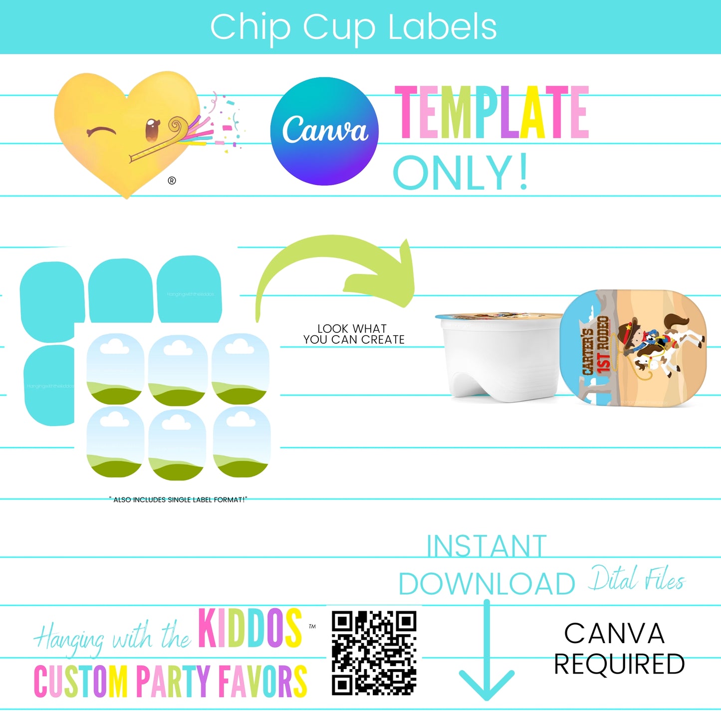 Customizable Stacked Chip Cup Label Template for creating unique party favors in Canva