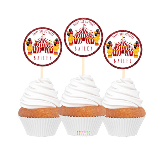 Circus Birthday Carnival Personalized 2” round Cupcake Toppers 12pc