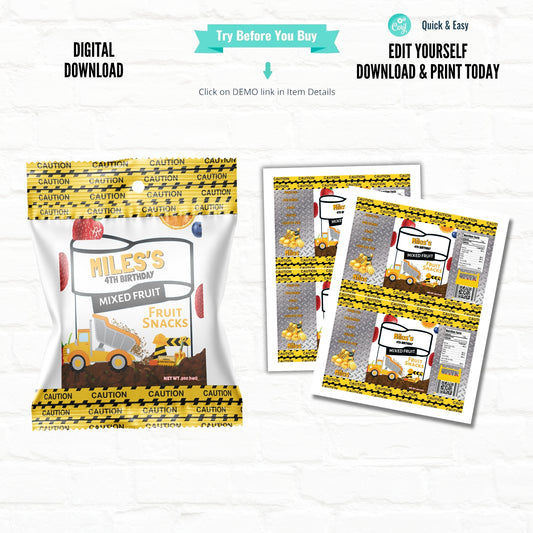 Construction Party Fruit Snacks Favors -Stop The Traffic Close The Road| Printable File