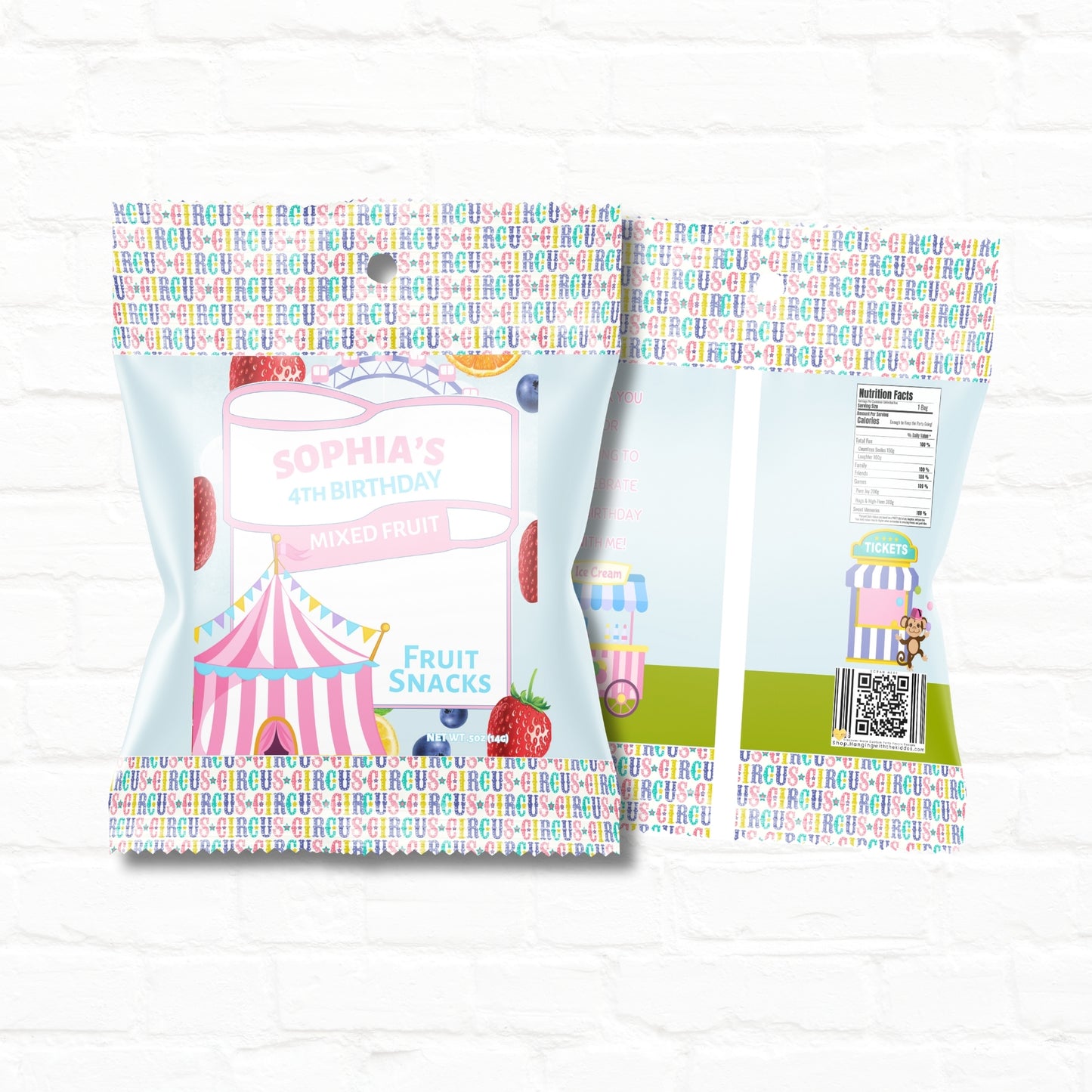 Pink Circus Party Personalized Fruit Snack Pouches