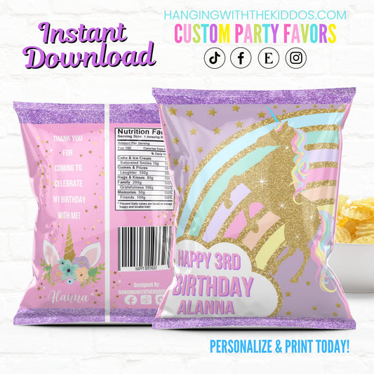 Tween Unicorn Birthday Chip Bags Personalized Tea Party Favors| 1st Birthday Favors