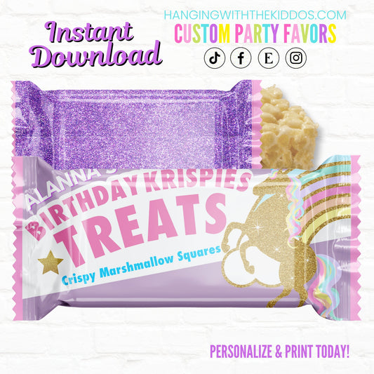 Tween Unicorn Birthday Rice Krispy Treats Wrappers  Personalized Tea Party Favors| 1st Birthday Favors