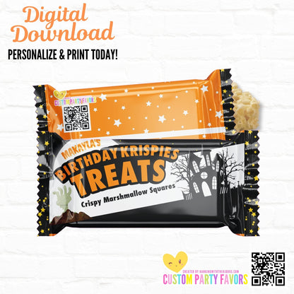 Spooky Halloween Birthday Party Favor Personalized Rice Krispy Treat Wrappers | Printable File