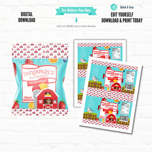 Barnyard Birthday Customizable Fruit Snack Wrappers|Printable File