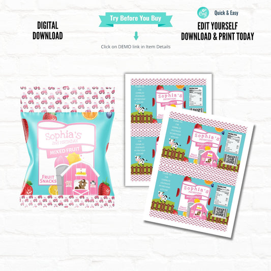 Pink Barnyard Birthday Customizable  Fruit Snack Wrappers| Printable File