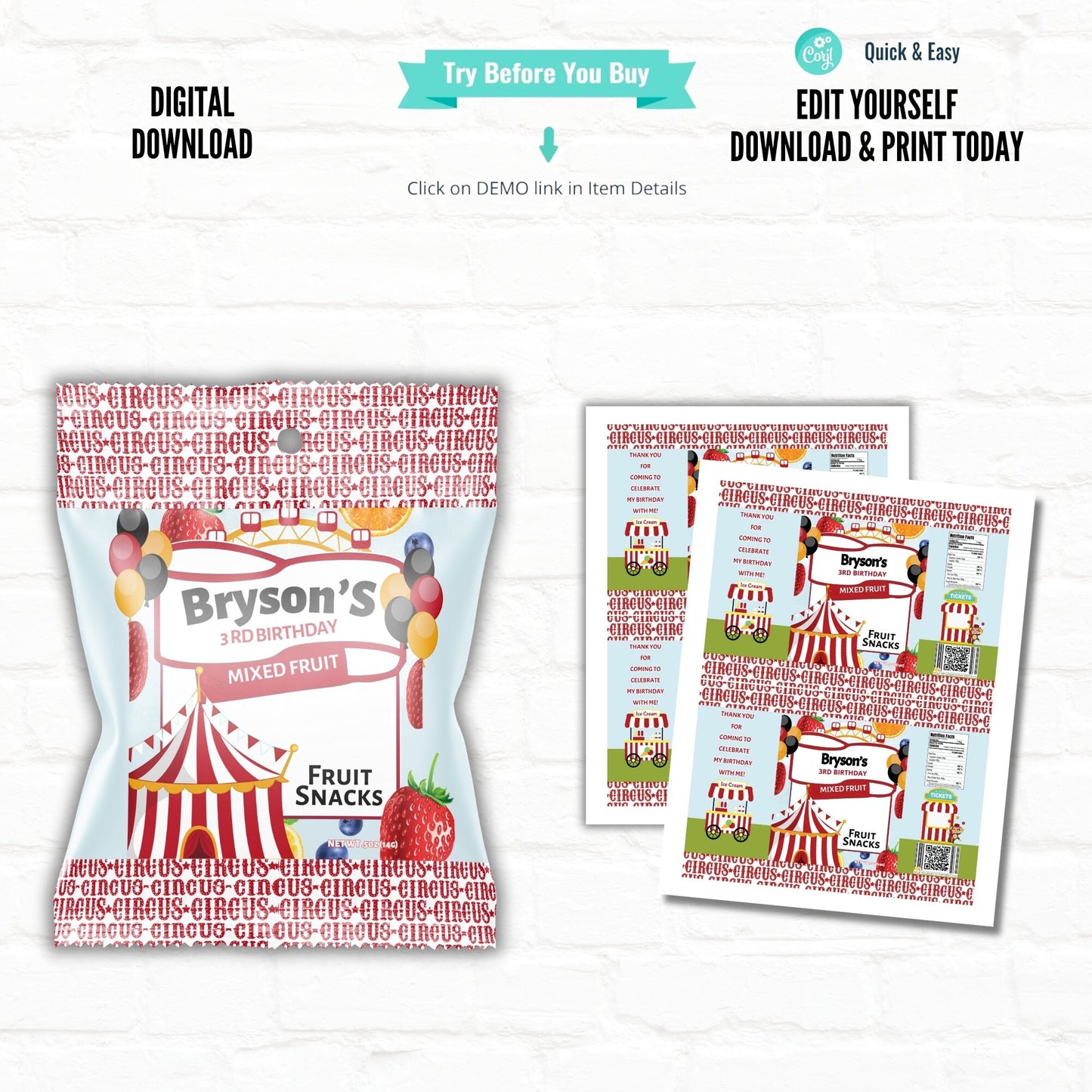 Circus Party Fruit Snack Party Favor | Carnival Birthday |Printable File