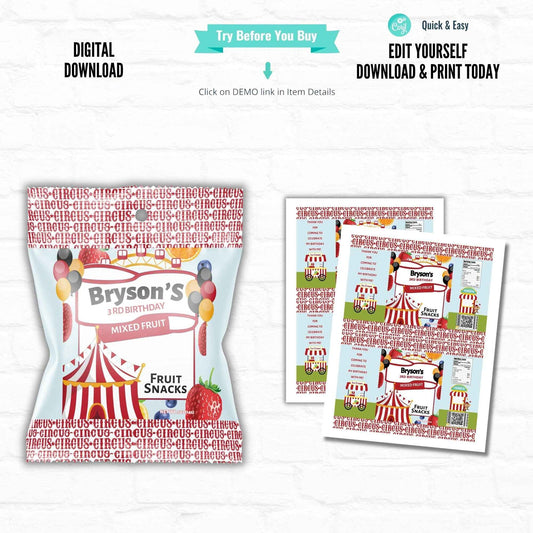Circus Party Fruit Snack Party Favor | Carnival Birthday |Printable File Hanging with the Kiddos