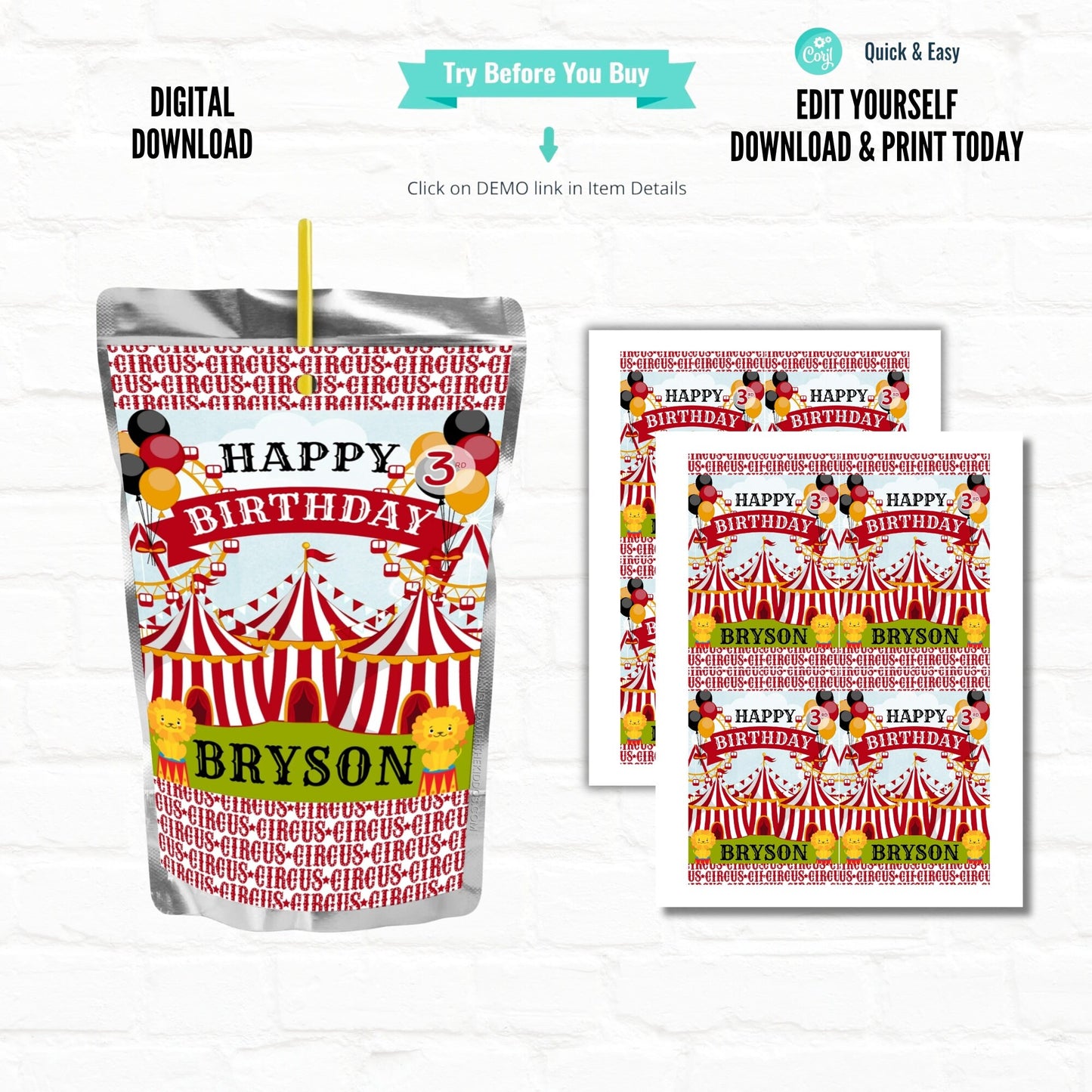 Circus Party Customizable Juice Pouch Labels| Carnival Party Favors|Printable File