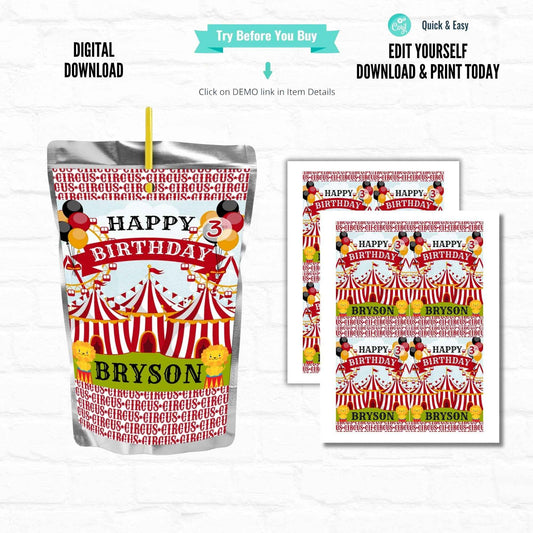 Circus Party Customizable Juice Pouch Labels| Carnival Party Favors|Printable File