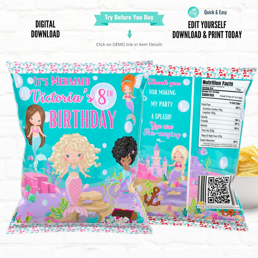 Little Mermaid Personalized Party Favors Chip Bags|Printable File 03