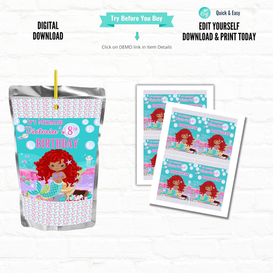 Little Mermaid Party Customizable Juice Pouch Labels|Printable File