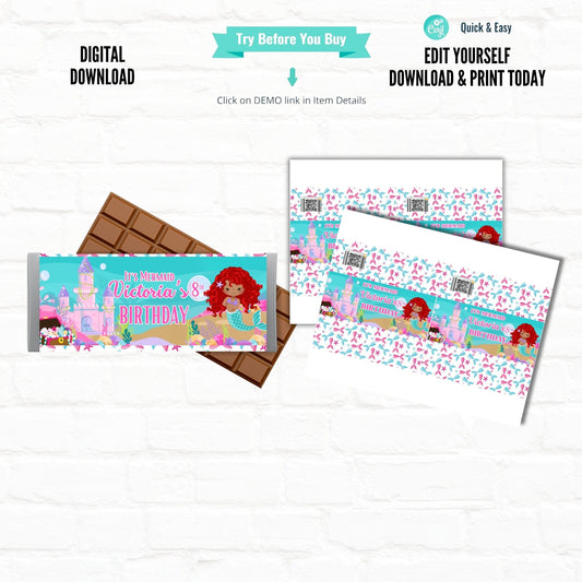 Little Mermaid Customizable Candy Bar Wrappers Party Favors|Printable File
