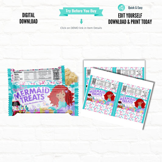 Little Mermaid Party Personalized Rice Krispy Wrappers|Printable File