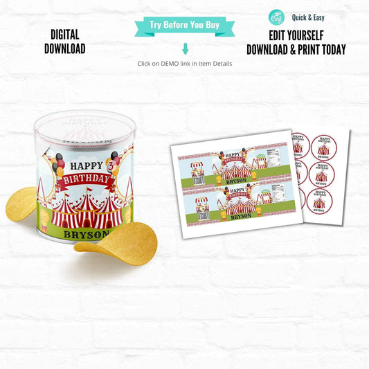 Circus Party  Carnival Birthday Customizable Stacked Chips Can Wrapper|Printable File