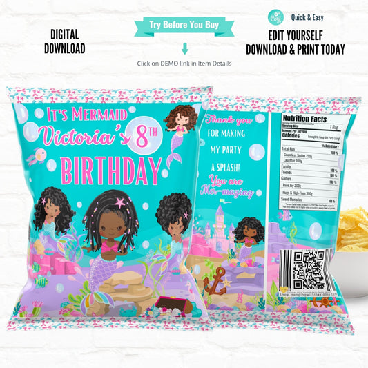 Mermaid Party Personalized Favors Chip Bags|Printable File 02