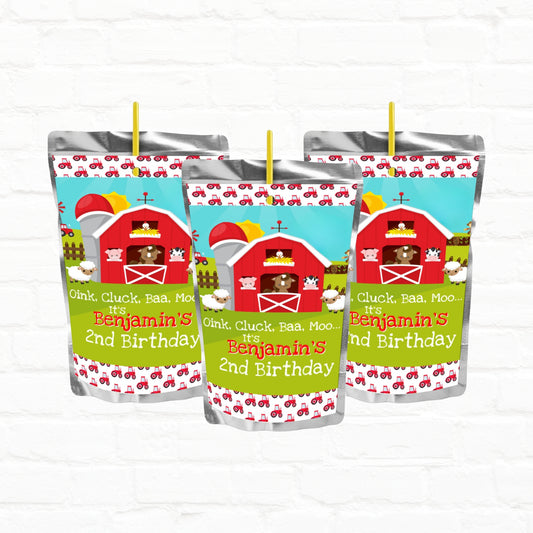 Barnyard Farm Birthday Personalized Juice Pouch Labels
