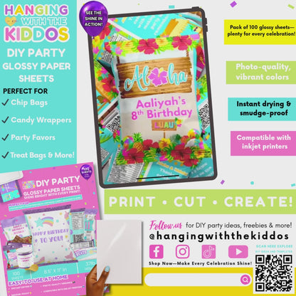 Video demonstration of printing, cutting, and assembling DIY chip bags using glossy paper sheets from Hanging with the Kiddos”