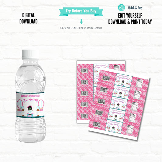 Spa Party Custom Water Bottle Labels|Printable File