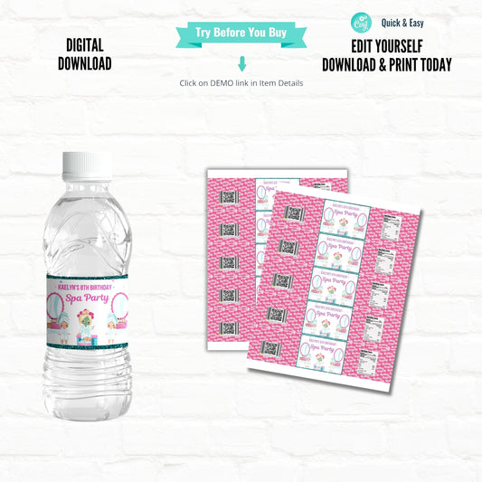 Spa Party Custom Water Bottle Labels|Printable File 03