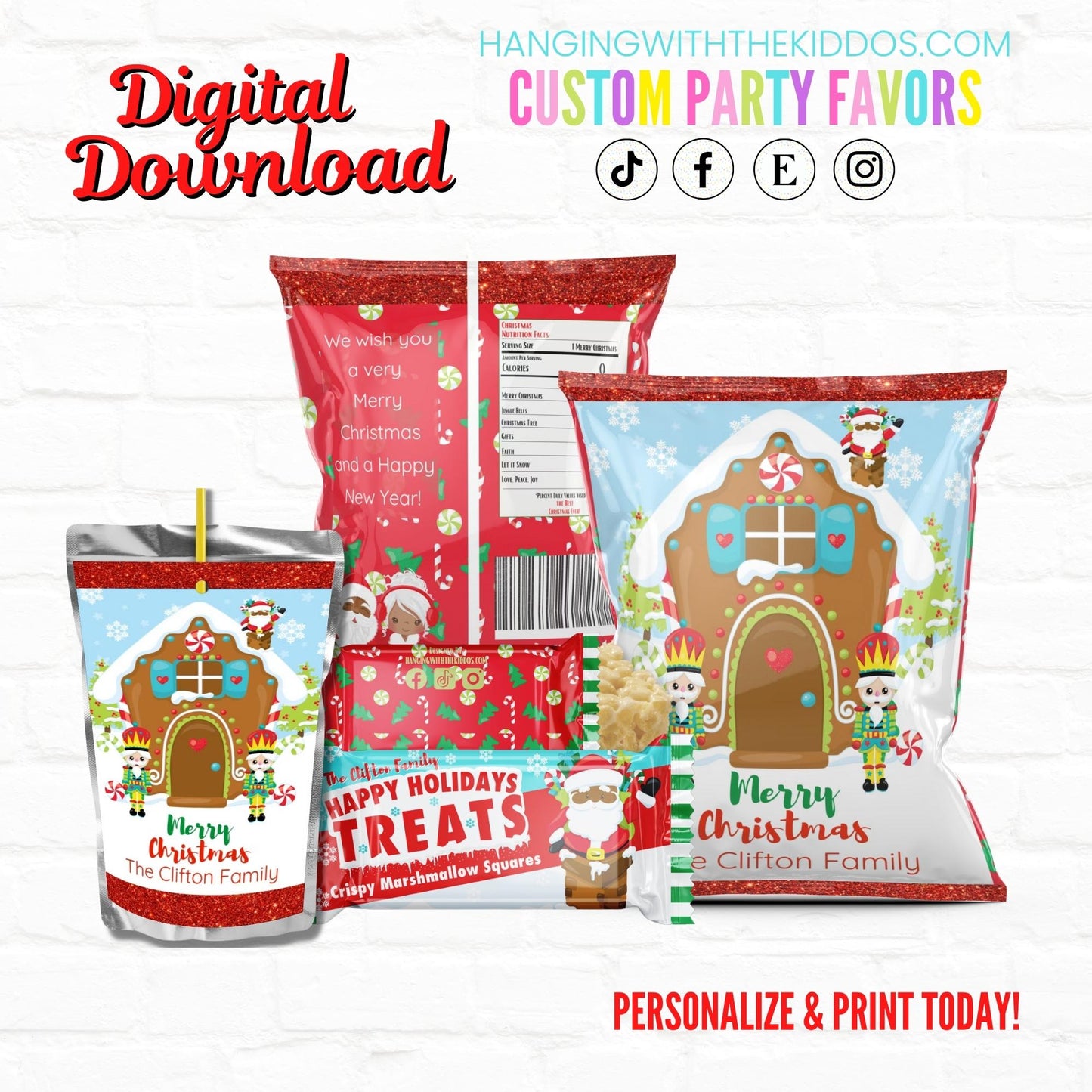 Christmas Personalized Party Favors Bundle Black Santa|Printable File