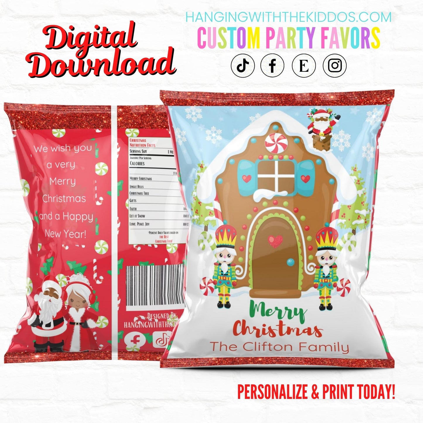 Christmas Personalized Party Favor Chip Bags Black Santa|Printable File