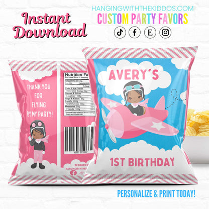 Airplane Birthday Party Personalized Chip Bags Girl Polite|Instant Download