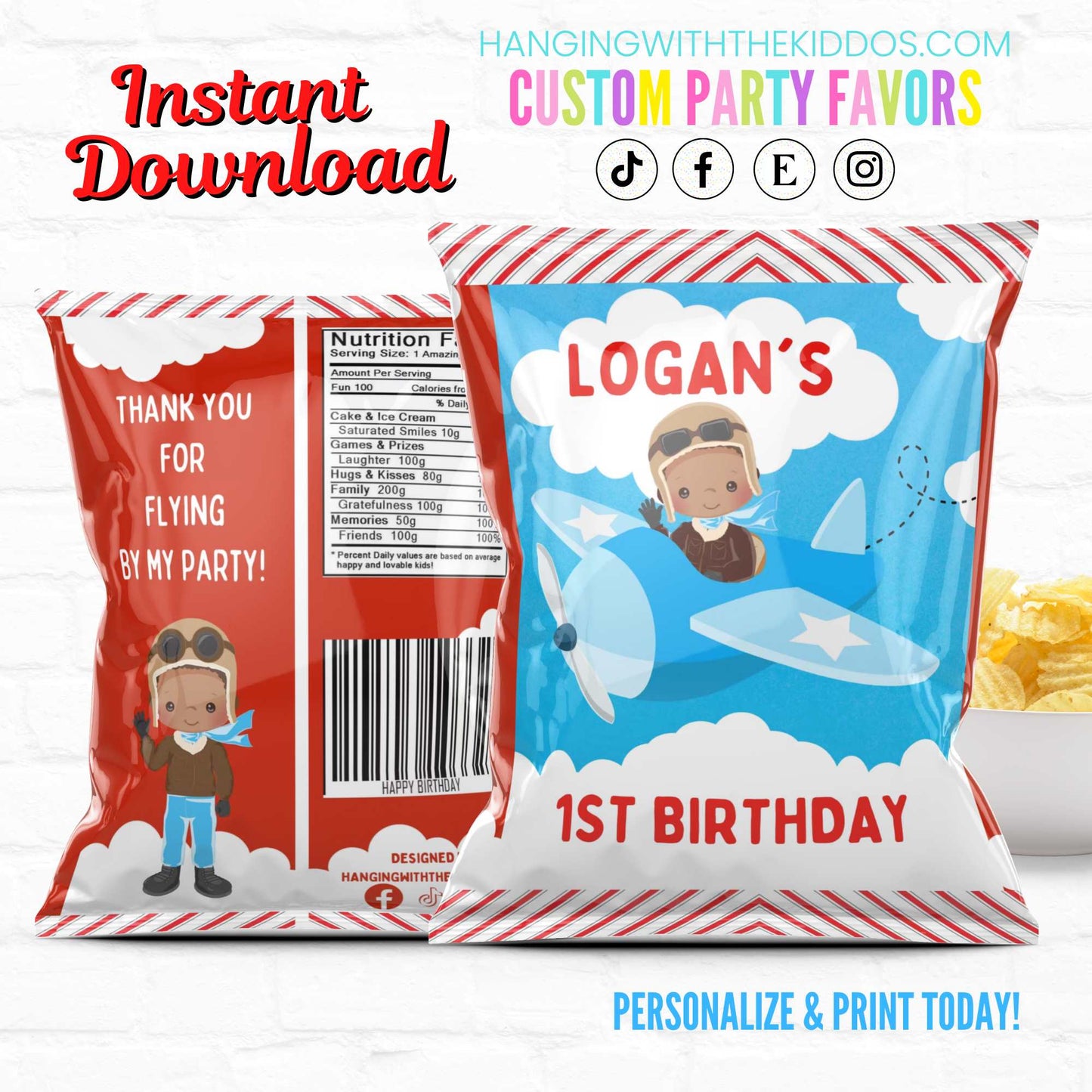 Airplane Birthday Party Personalized Chip Bags Boy Polite|Instant Download