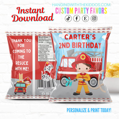 Firefighter Birthday Party Favor Personalized Chip Bags Instant Download 02