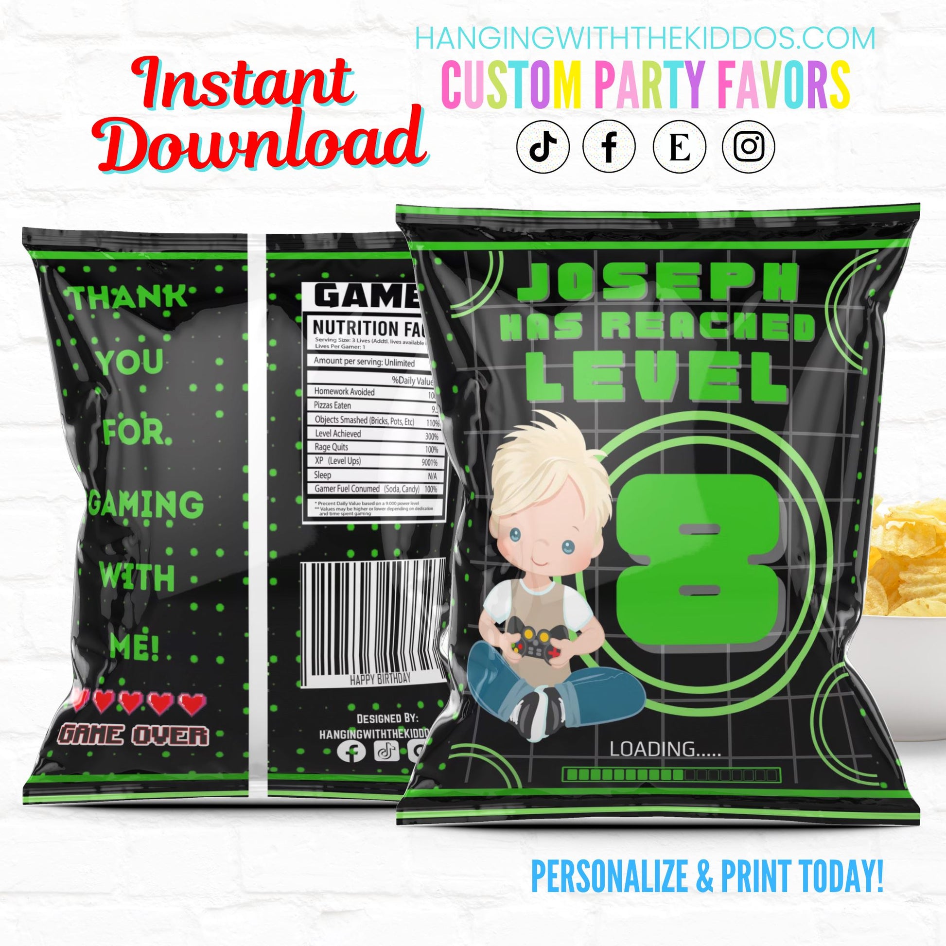 Video Game Level Up Party Favor Personalized Chip Bags| Instant Download-04