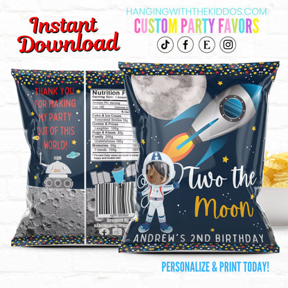 Two the Moon Space Birthday Personalized Party Favor Chip Bag Astronaut|Instant Download