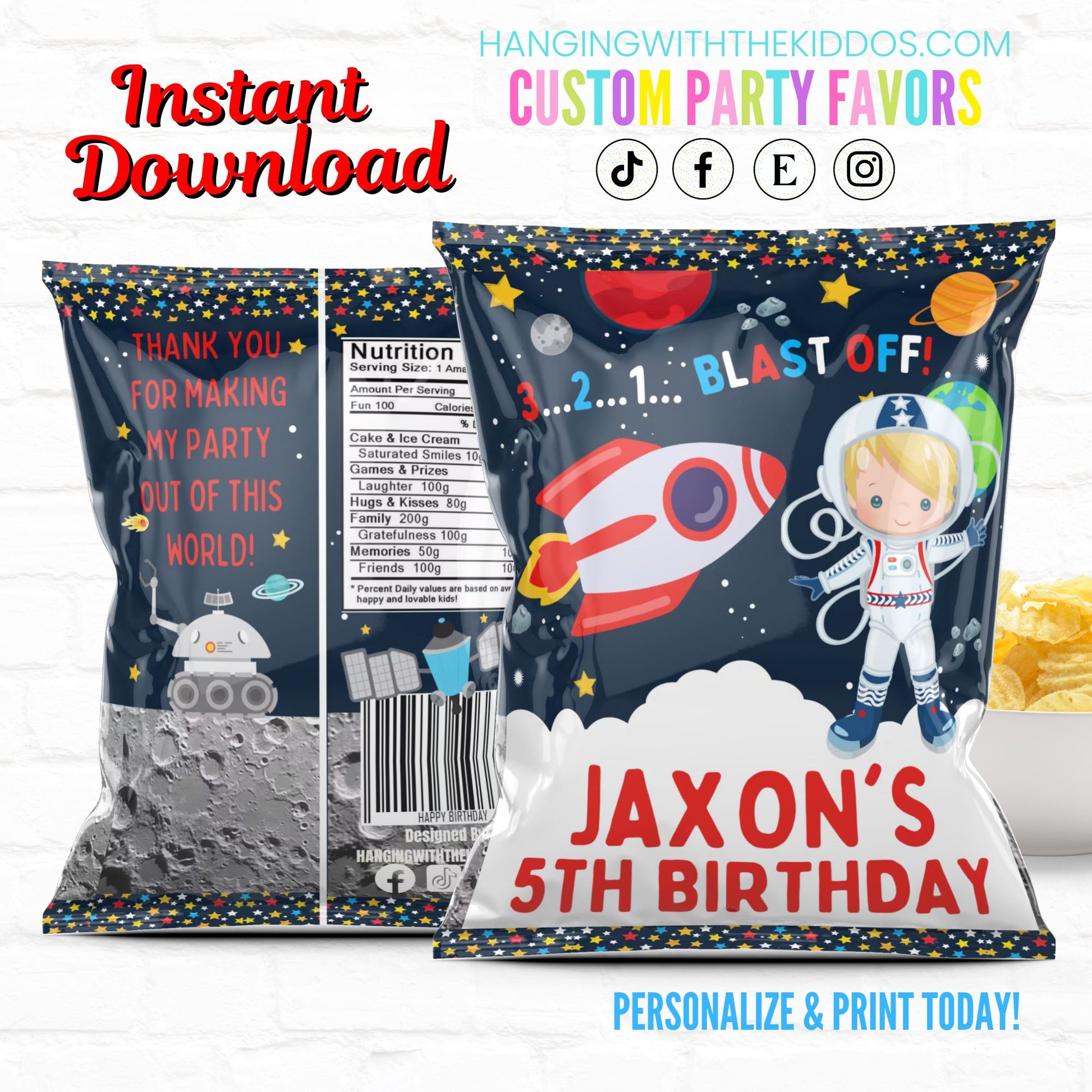 Space Birthday Personalized Party Favor Chip Bag Boy Astronaut|Instant Download